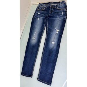 Silver Boyfriend Jeans Womens 28x29 Slim Leg Dark Wash Fluid Denim Stretch Y2K